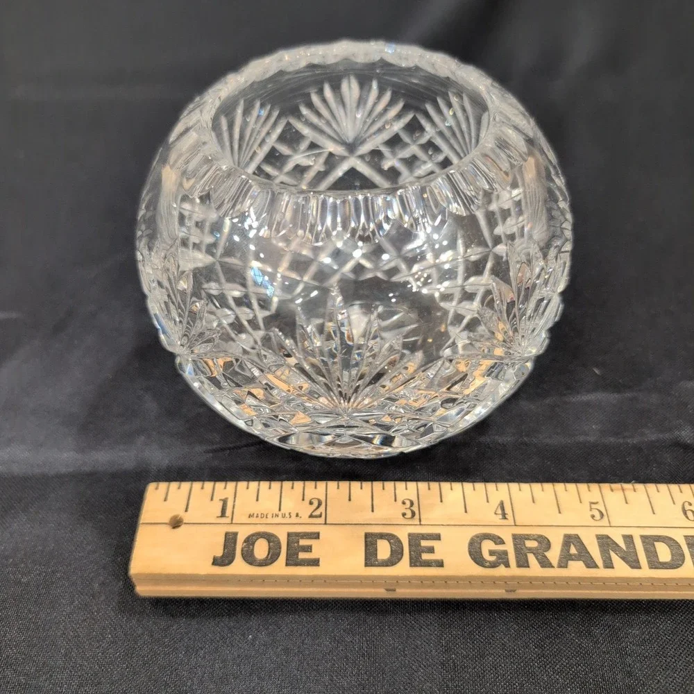 Vintage Cut Crystal Rose Bowl Round Clear Glass Starburst Crosshatch Vase - Picture 4 of 5